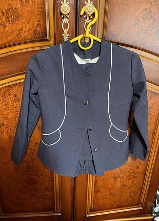 Детский костюм тройка, школьная форма синяя, пиджак на пуговицах, юбка и брюки, блуза