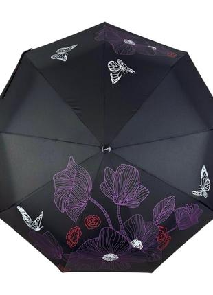 Чорна складна жіноча парасолька з квітами5 фото