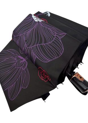 Чорна складна жіноча парасолька з квітами3 фото