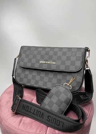 Жіноча сумка багет великий + ключниця в стилі луи виттон чорна в квадратик