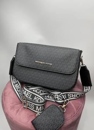 Жіноча сумка багет великий + ключниця в стилі майкл корс  чорна з сірими буквами3 фото