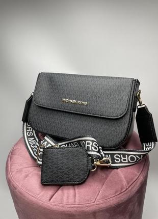 Жіноча сумка багет великий + ключниця в стилі майкл корс  чорна з сірими буквами6 фото