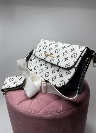 Жіноча сумка багет великий + ключниця в стилі луи виттон біла з чорним принтом2 фото