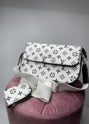 Жіноча сумка багет великий + ключниця в стилі луи виттон біла з чорним принтом3 фото
