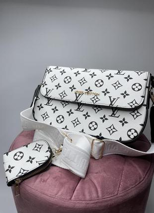 Жіноча сумка багет великий + ключниця в стилі луи виттон біла з чорним принтом1 фото