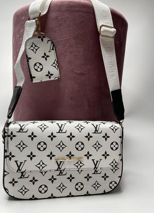 Жіноча сумка багет великий + ключниця в стилі луи виттон біла з чорним принтом4 фото
