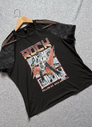 Shein футболка классическая с ярким принтом rock 4xl черная1 фото