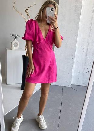 Платье мини лён с вырезом на спине та v образным декольте