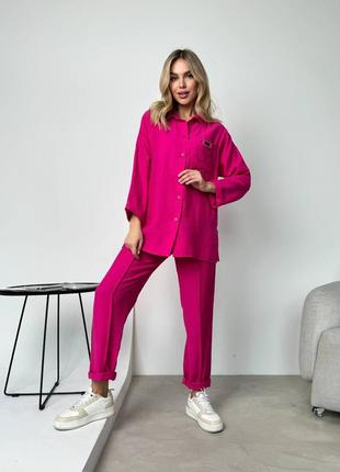 Костюм двойка льняной рубашка на пуговицах штаны прямые на резинке со стрелками серый зелёный белый синий бежевый оливка кофе черный малина лен жатка