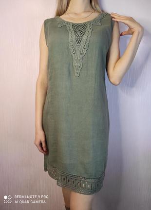 Італія лляне плаття сарафан льон оливковий хакі льняное платье миди3 фото