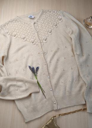Кардиган кофта ажурная винтажная молочная айвори бежевая розы s m акрил1 фото