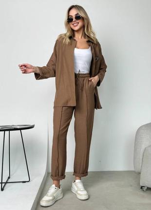 Костюм двойка льняной рубашка на пуговицах штаны прямые на резинке со стрелками серый зелёный белый синий бежевый оливка кофе черный малина лен жатка