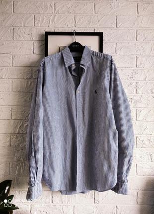 Сорочка рубашка синя  голуба біла  смужка оригінал бавовна 💯 polo ralph lauren 🐎 l,52
