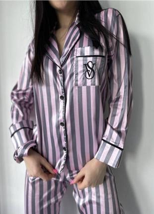 Женская сатиновая пижама бренд victoria's secret, женская пижама с рубашкой для дома  виктория секрет