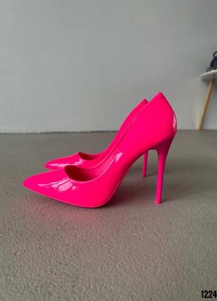 Рожеві фуксія барбі лаковані лакові туфлі човники на високій шпильці з гострим носом лак6 фото