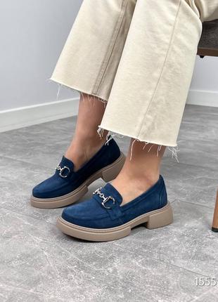 Сині жіночі лофери туфлі на високій підошві потовщеній з натуральної замші6 фото