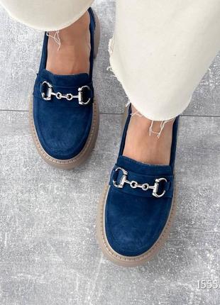 Сині жіночі лофери туфлі на високій підошві потовщеній з натуральної замші8 фото