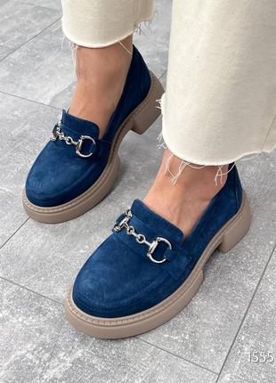 Сині жіночі лофери туфлі на високій підошві потовщеній з натуральної замші9 фото