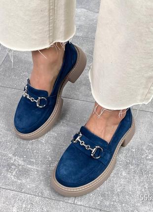Сині жіночі лофери туфлі на високій підошві потовщеній з натуральної замші3 фото