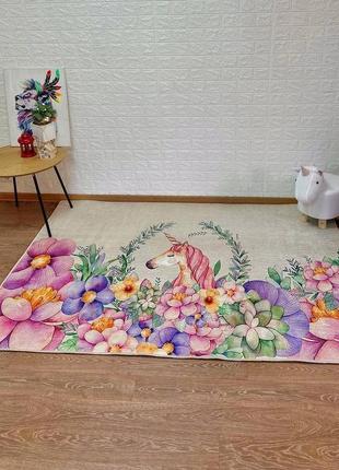 Турецкий безворсовый ковер "поляна цветов с единорогом" 140х190см1 фото