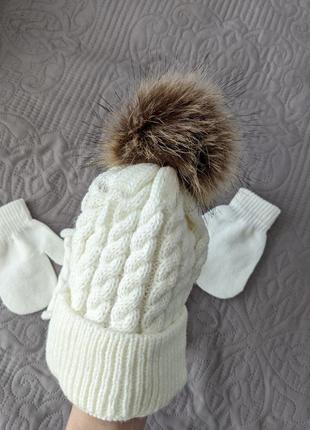Новый детский комплект! детская белая шапка и шарф снуд рукавички3 фото