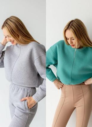 Свитшот короткий на флисе, зеленого и серого цвета, размер xs, s, m, l