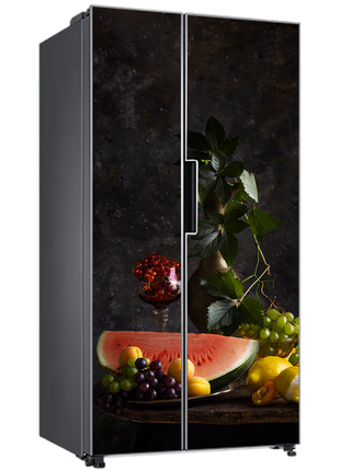 Вінілова кольорова декоративна наклейка на двері холодильника "натюрморт на чорному тлі"2 фото