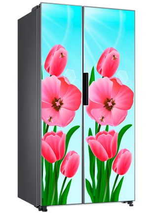 Вінілова кольорова декоративна наклейка на двері холодильника "рожеві тюльпани на тлі неба"2 фото