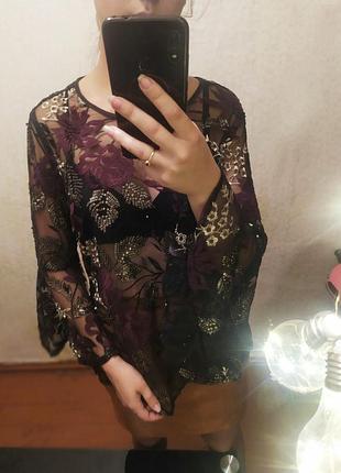 Черная блуза сетка с вышивкой и пайетками прозрачная кофта