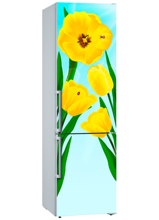Вінілова кольорова декоративна наклейка на двері холодильника "жовті тюльпани на тлі неба"1 фото