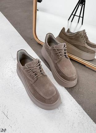 Стильные качественные замшевые туфли броги бежевые на шнуровке на высокой подошве 520