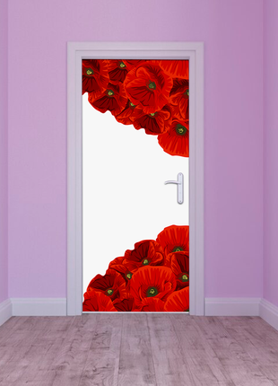 Вінілова кольорова декоративна наклейка на двері "червоні маки в кутах" самоклейна