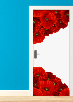 Вінілова кольорова декоративна наклейка на двері "червоні маки в кутах" самоклейна2 фото