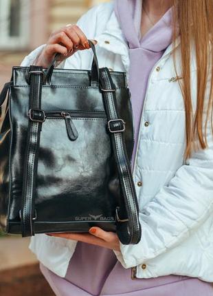 Рюкзак-сумка жіночий чорного кольору з натуральної шкіри tiding bag - 240346 фото