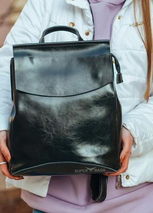 Рюкзак-сумка жіночий чорного кольору з натуральної шкіри tiding bag - 24034