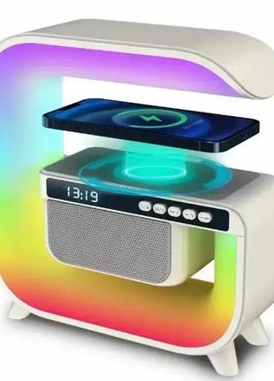 Нічний світильник акумуляторний rgb xm-g3 з бездротовою зарядкою 15w і bluetooth колонкою 3w smart light