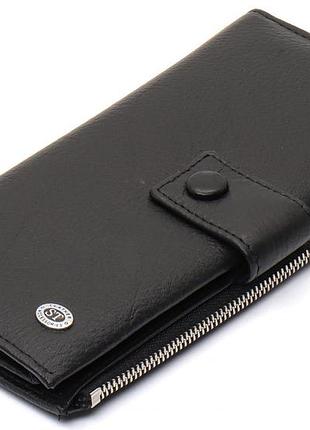 Чорний купюрник із натуральної шкіри на хлястику з кнопкою st leather st1432
