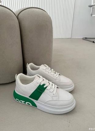 Кросівки білі + зелений, кроссовки, кеды, кеди