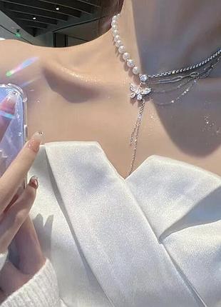 Кольє з перлинами , цірконієм та метеликом в стилі y2k