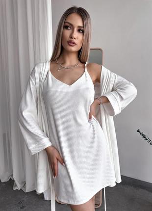 Ночная рубашка + халат из натуральной ткани рубчик (пижама 2ка) белый - s3 фото