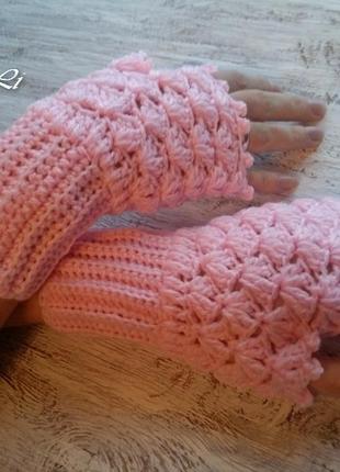 Рожеві мітенки | ажурні мітенки | в'язані теплі мітенки | рукавички без пальців1 фото