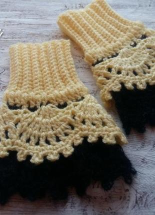 Желто-черные митенки | ажурные митенки | вязаные теплые митенки | перчатки без пальцев3 фото