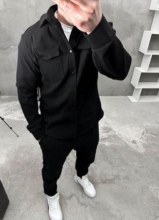 Мужской классический черный стрейч-костюм, рубашка и штаны, однотонный хлопковый костюм3 фото