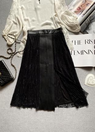 Zara, чёрная плиссированная юбка миди zara, гипюр, эко кожа, плиссе2 фото