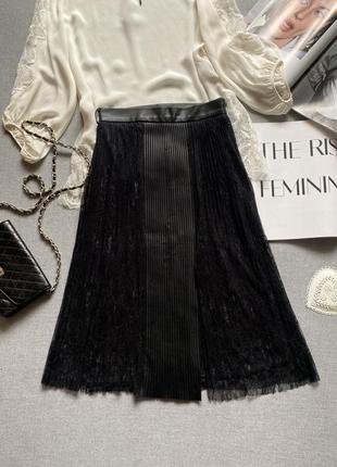 Zara, чёрная плиссированная юбка миди zara, гипюр, эко кожа, плиссе4 фото
