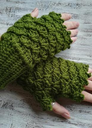 Зелені мітенки | ажурні мітенки | в'язані теплі мітенки | рукавички без пальців1 фото