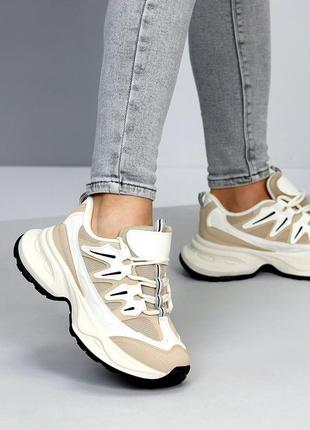 Крутые женские кроссовки, весенний летний вариант, хит 2024 комбинированный бежевый  с моко, маломер6 фото