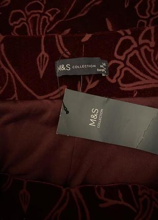 Marks&spencer новая бархатная юбка миди, бордовая, марсал, расширенная, трапеция, на резинке7 фото