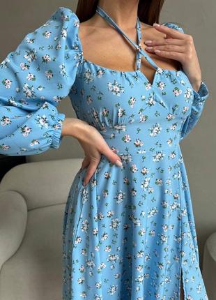 Блакитна сукня у квітковий принт 🌸 жіночна сукня міді з розрізом 💕 сукня з довгим рукавом ❤️