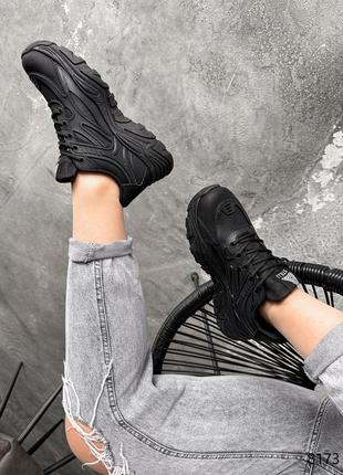 Черные кожаные текстильные резиновые кроссовки на толстой грубой подошве8 фото